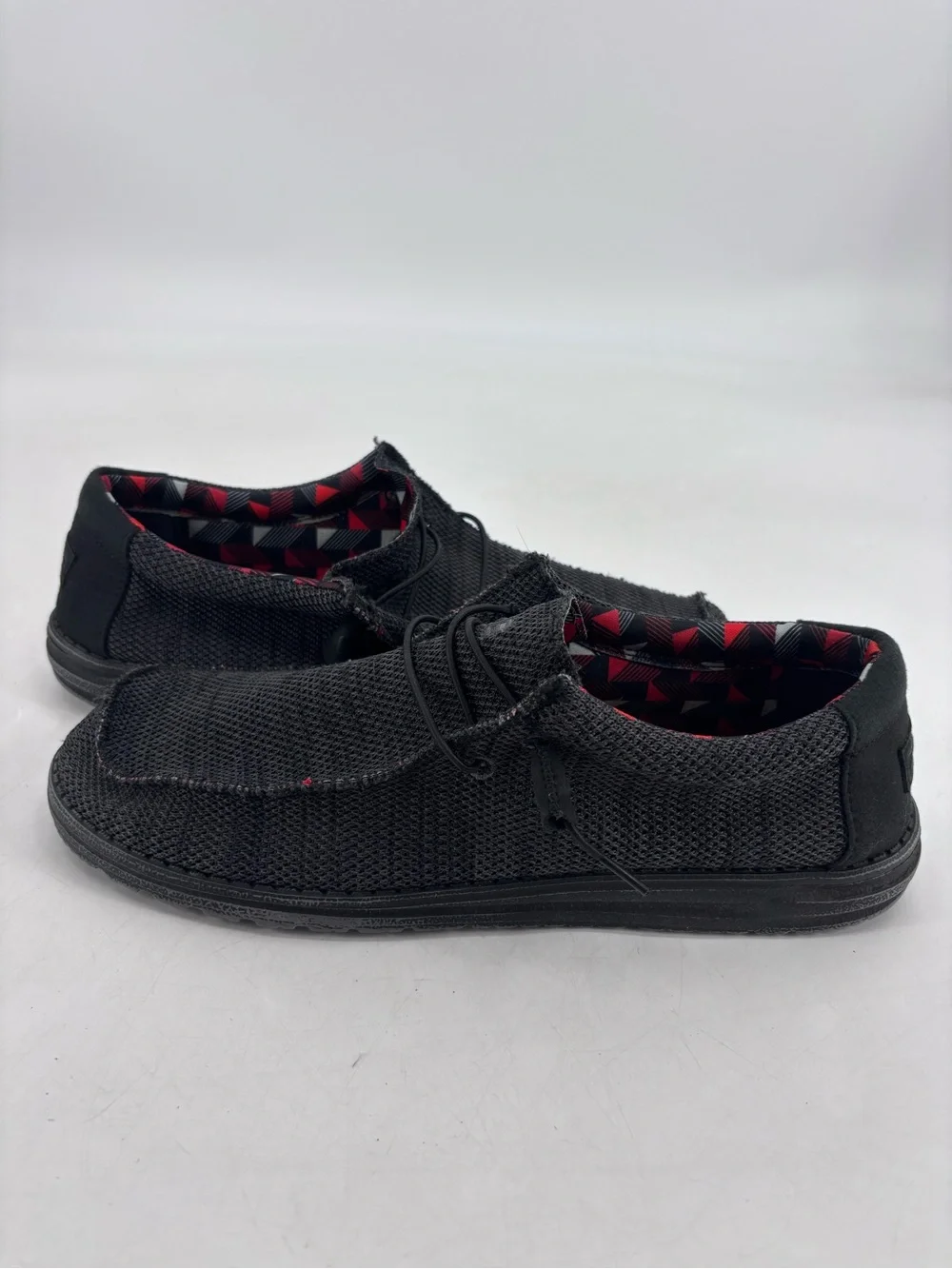 Hey Dude Wally Stretch Mesh Sox Jet Black Plaid Slip On Chukka Loafers Size 13